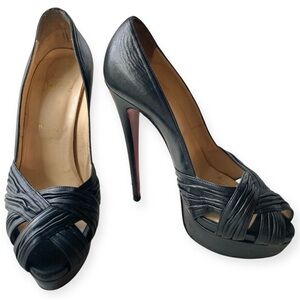 Christian Louboutin Aborina 150 Black Nappa Leather Peep Platform Pump Heels 38
